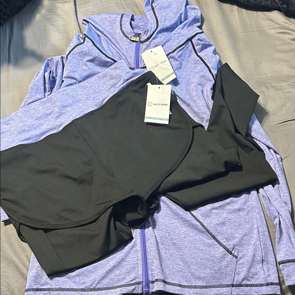 Women's Lavender Zip-Up Hoodie and Black Layered Top Set